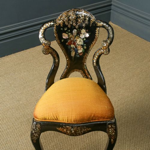 fig 6. Antique English Victorian Ebonised Gilt & Mother of Pearl Chinoiserie Occasional Side / Bedroom Chair (Circa 1850)