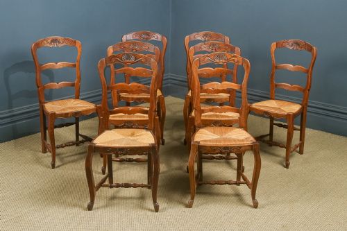 fig 1. Antique French Set of 8 Eight Louis XV Style Oak Ladder Back Rush Seat Kitchen Dining Chairs (Circa 1920)