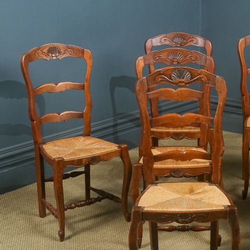 fig 2. Antique French Set of 8 Eight Louis XV Style Oak Ladder Back Rush Seat Kitchen Dining Chairs (Circa 1920)