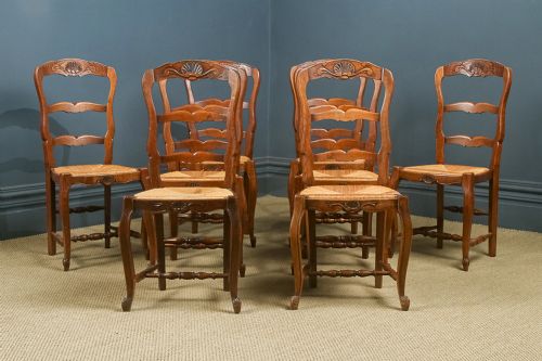 fig 3. Antique French Set of 8 Eight Louis XV Style Oak Ladder Back Rush Seat Kitchen Dining Chairs (Circa 1920)
