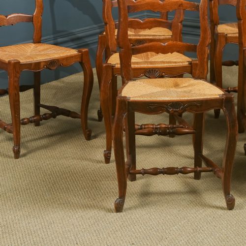fig 4. Antique French Set of 8 Eight Louis XV Style Oak Ladder Back Rush Seat Kitchen Dining Chairs (Circa 1920)