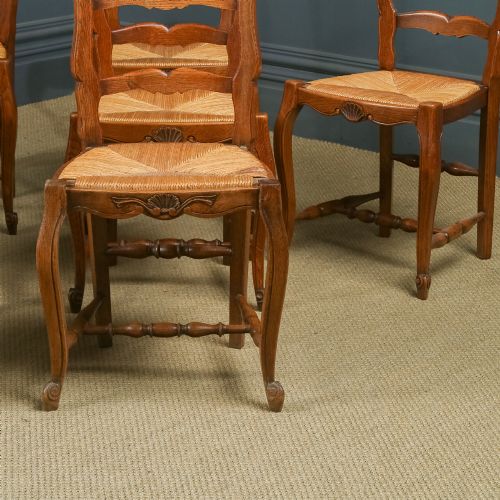 fig 5. Antique French Set of 8 Eight Louis XV Style Oak Ladder Back Rush Seat Kitchen Dining Chairs (Circa 1920)