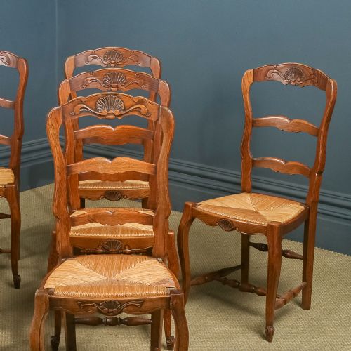 fig 6. Antique French Set of 8 Eight Louis XV Style Oak Ladder Back Rush Seat Kitchen Dining Chairs (Circa 1920)
