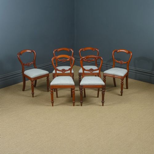 Antique English Victorian Set of 6 Six Mahogany Crown / Balloon Back Dining Chairs (Circa 1860)