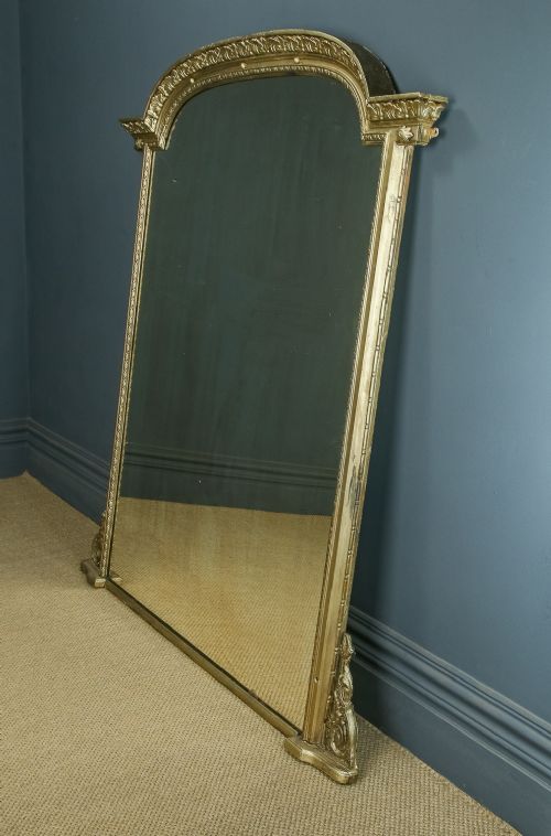 fig 4. Large 6ft Antique English Victorian Carved Gilt Wall Hanging Overmantle Mirror (Circa 1850)