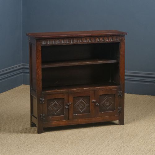 fig 1. Vintage English 17th Century Style Tudor Oak Open 3ft Bookcase Cupboard (Circa 1940)