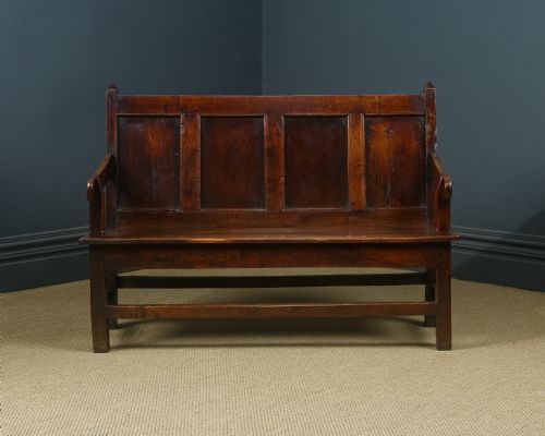fig 1. Antique English 18th Century Georgian Oak High Back 5ft Wide Hall Kitchen Bench Settle Seat (Circa 1750)