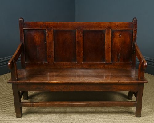 fig 2. Antique English 18th Century Georgian Oak High Back 5ft Wide Hall Kitchen Bench Settle Seat (Circa 1750)