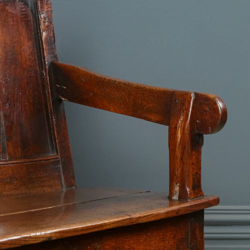 fig 4. Antique English 18th Century Georgian Oak High Back 5ft Wide Hall Kitchen Bench Settle Seat (Circa 1750)