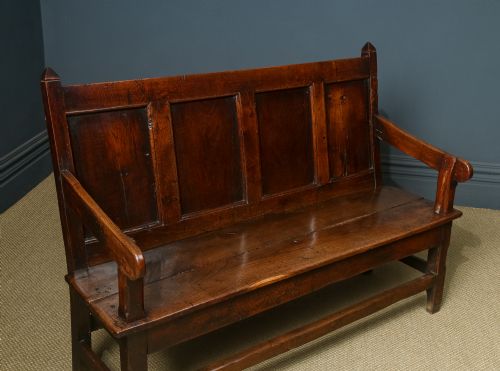 fig 5. Antique English 18th Century Georgian Oak High Back 5ft Wide Hall Kitchen Bench Settle Seat (Circa 1750)