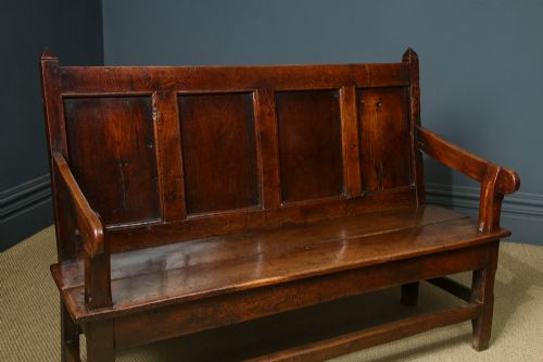 fig 6. Antique English 18th Century Georgian Oak High Back 5ft Wide Hall Kitchen Bench Settle Seat (Circa 1750)
