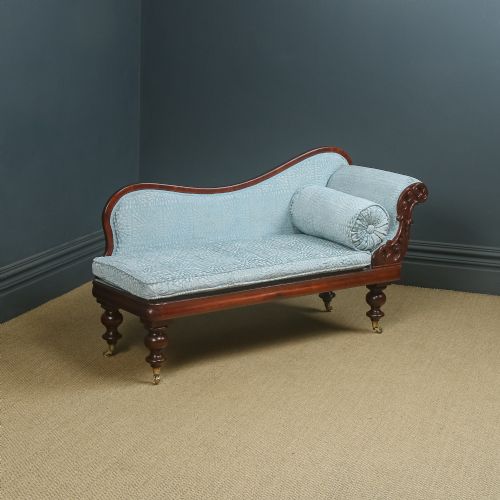 Antique English Victorian Mahogany Upholstered Chaise Longue Settee Sofa Couch (Circa 1850)