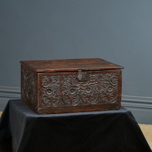 Antique English 17th Century Solid Oak & Elm Carved Bible / Writing Box / Trunk / Small Chest (Circa 1680)