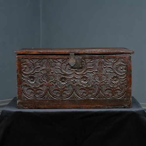 fig 1. Antique English 17th Century Solid Oak & Elm Carved Bible / Writing Box / Trunk / Small Chest (Circa 1680)