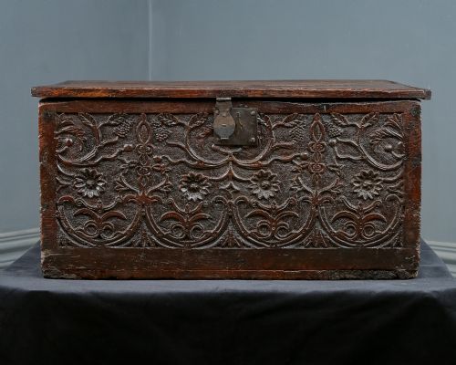 fig 2. Antique English 17th Century Solid Oak & Elm Carved Bible / Writing Box / Trunk / Small Chest (Circa 1680)
