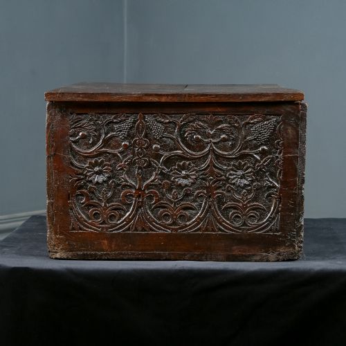 fig 4. Antique English 17th Century Solid Oak & Elm Carved Bible / Writing Box / Trunk / Small Chest (Circa 1680)