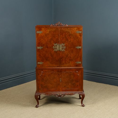 fig 1. English Queen Anne Style Burr Walnut & Mirrored Glass Drinks Cabinet Cocktail Bar (Circa 1930)