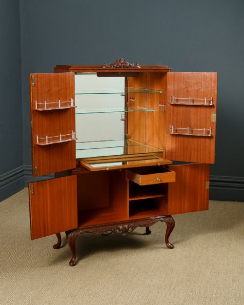 fig 2. English Queen Anne Style Burr Walnut & Mirrored Glass Drinks Cabinet Cocktail Bar (Circa 1930)