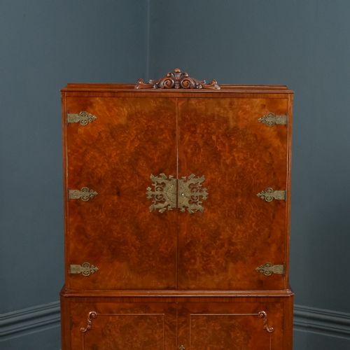 fig 3. English Queen Anne Style Burr Walnut & Mirrored Glass Drinks Cabinet Cocktail Bar (Circa 1930)