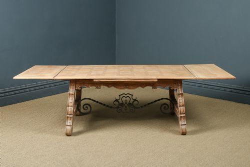 fig 3. Spanish Basque Parquet Oak & Iron 8ft 9” Refectory Kitchen Dining Table (Circa 1930)