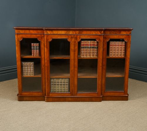 ANTIQUE ENGLISH VICTORIAN BURR WALNUT GLAZED BREAKFRONT INLAID DISPLAY BOOKCASE CIRCA 1860 - ADDITIONAL PHOTO 1
