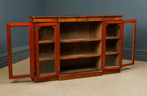 ANTIQUE ENGLISH VICTORIAN BURR WALNUT GLAZED BREAKFRONT INLAID DISPLAY BOOKCASE CIRCA 1860 - ADDITIONAL PHOTO 2