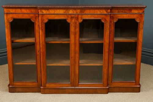 ANTIQUE ENGLISH VICTORIAN BURR WALNUT GLAZED BREAKFRONT INLAID DISPLAY BOOKCASE CIRCA 1860 - ADDITIONAL PHOTO 3