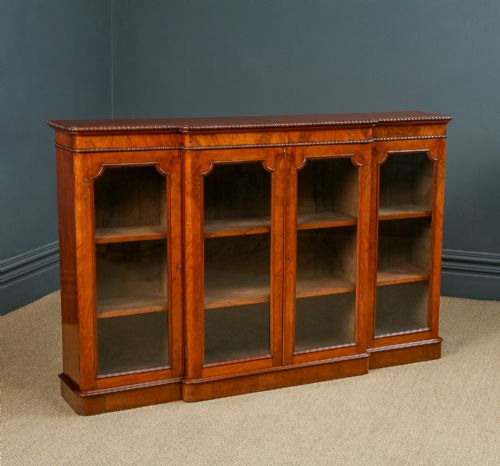 ANTIQUE ENGLISH VICTORIAN BURR WALNUT GLAZED BREAKFRONT INLAID DISPLAY BOOKCASE CIRCA 1860 - ADDITIONAL PHOTO 4