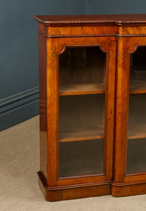 ANTIQUE ENGLISH VICTORIAN BURR WALNUT GLAZED BREAKFRONT INLAID DISPLAY BOOKCASE CIRCA 1860 - ADDITIONAL PHOTO 5