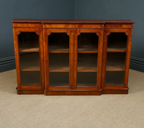 ANTIQUE ENGLISH VICTORIAN BURR WALNUT GLAZED BREAKFRONT INLAID DISPLAY BOOKCASE CIRCA 1860 - ADDITIONAL PHOTO 6