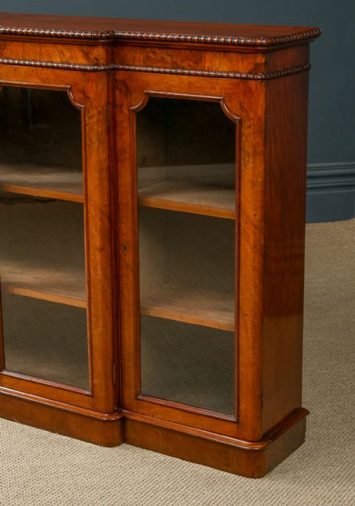 ANTIQUE ENGLISH VICTORIAN BURR WALNUT GLAZED BREAKFRONT INLAID DISPLAY BOOKCASE CIRCA 1860 - ADDITIONAL PHOTO 7