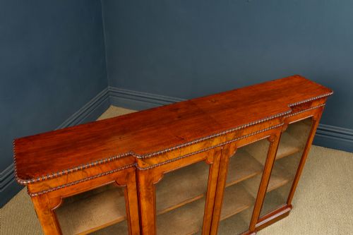 ANTIQUE ENGLISH VICTORIAN BURR WALNUT GLAZED BREAKFRONT INLAID DISPLAY BOOKCASE CIRCA 1860 - ADDITIONAL PHOTO 12