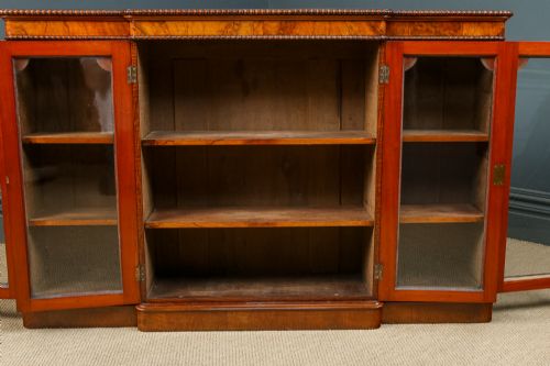 ANTIQUE ENGLISH VICTORIAN BURR WALNUT GLAZED BREAKFRONT INLAID DISPLAY BOOKCASE CIRCA 1860 - ADDITIONAL PHOTO 24