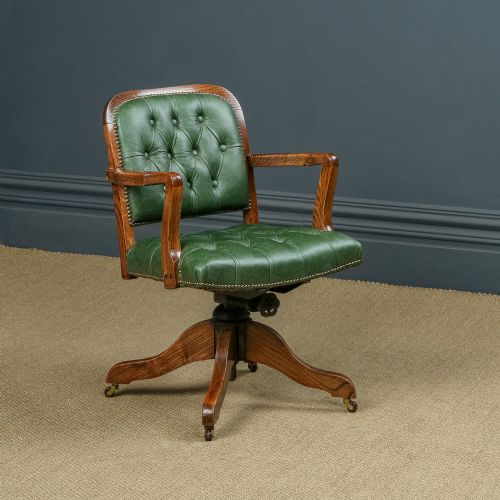 Antique English Edwardian Solid Oak & Green Leather Upholstered Revolving Office Desk Arm Chair (Circa 1910)