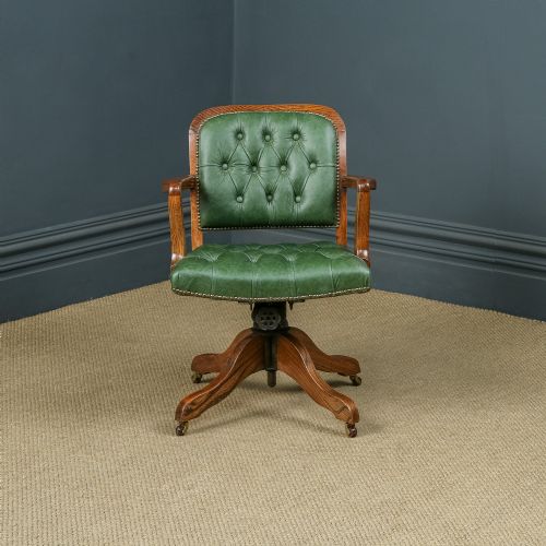 fig 1. Antique English Edwardian Solid Oak & Green Leather Upholstered Revolving Office Desk Arm Chair (Circa 1910)