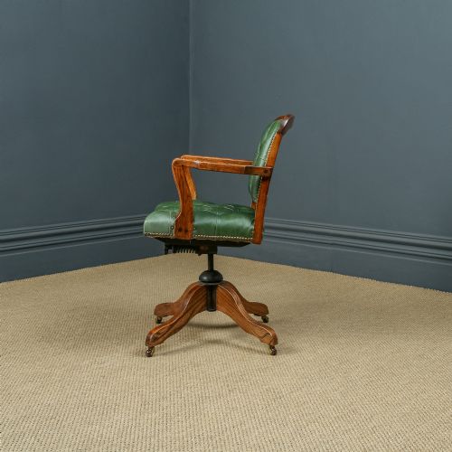 fig 2. Antique English Edwardian Solid Oak & Green Leather Upholstered Revolving Office Desk Arm Chair (Circa 1910)
