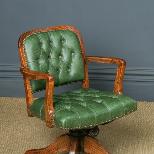 fig 3. Antique English Edwardian Solid Oak & Green Leather Upholstered Revolving Office Desk Arm Chair (Circa 1910)