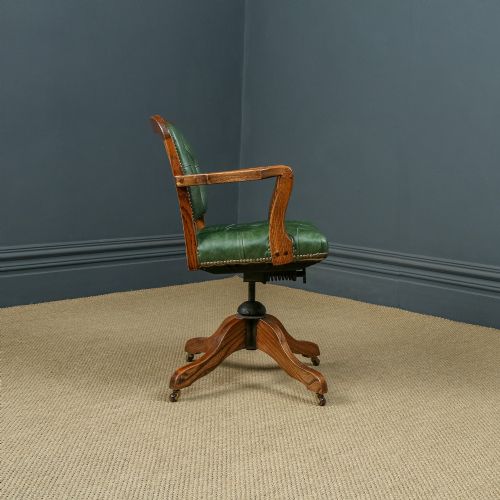 fig 4. Antique English Edwardian Solid Oak & Green Leather Upholstered Revolving Office Desk Arm Chair (Circa 1910)