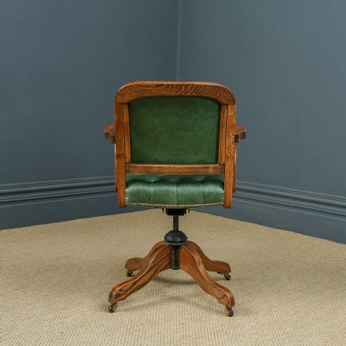 fig 5. Antique English Edwardian Solid Oak & Green Leather Upholstered Revolving Office Desk Arm Chair (Circa 1910)