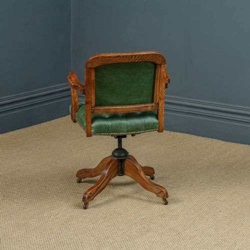 fig 6. Antique English Edwardian Solid Oak & Green Leather Upholstered Revolving Office Desk Arm Chair (Circa 1910)