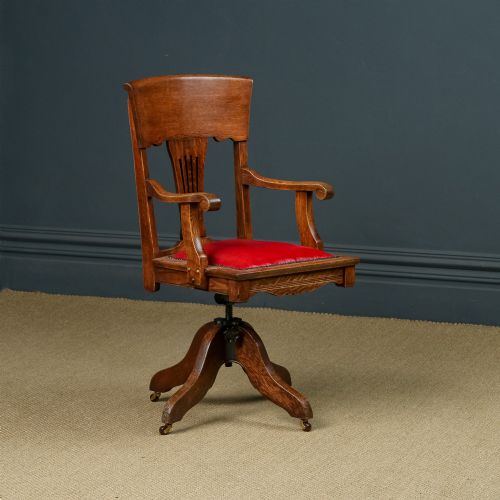 Antique English Edwardian Art Nouveau Oak & Red Leather Revolving Office Desk Arm Chair (Circa 1910)