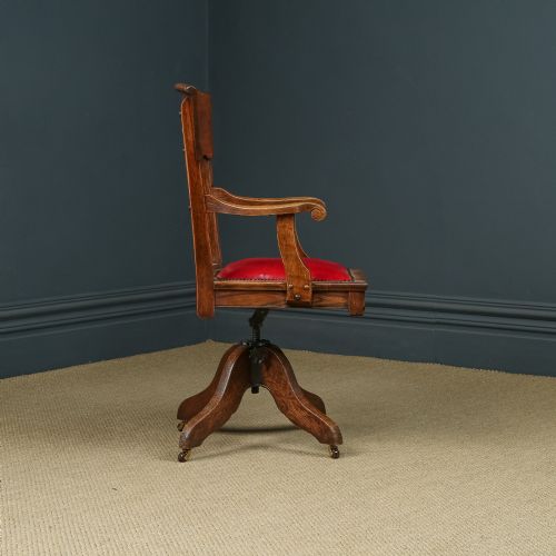 fig 1. Antique English Edwardian Art Nouveau Oak & Red Leather Revolving Office Desk Arm Chair (Circa 1910)