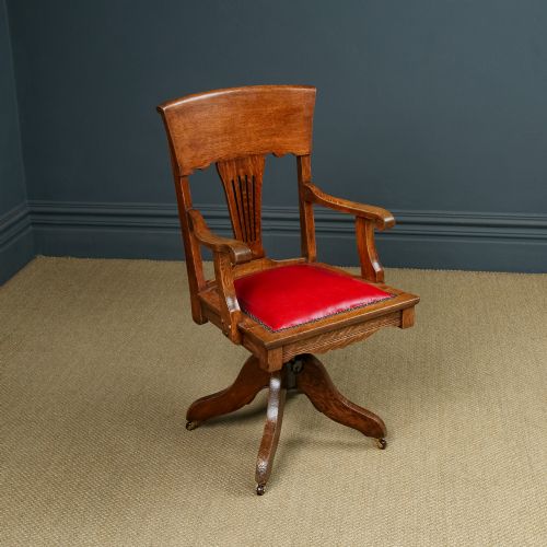 fig 2. Antique English Edwardian Art Nouveau Oak & Red Leather Revolving Office Desk Arm Chair (Circa 1910)