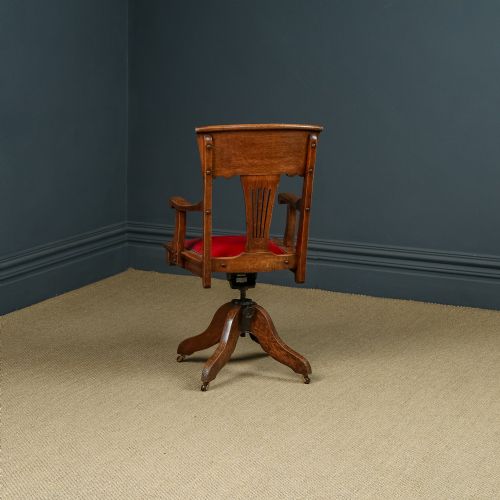 fig 3. Antique English Edwardian Art Nouveau Oak & Red Leather Revolving Office Desk Arm Chair (Circa 1910)