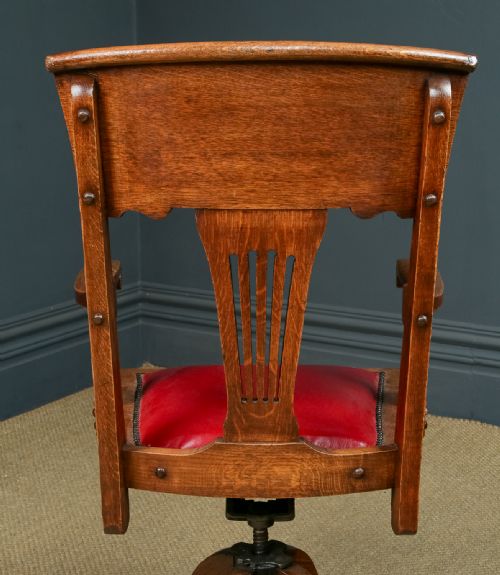 fig 4. Antique English Edwardian Art Nouveau Oak & Red Leather Revolving Office Desk Arm Chair (Circa 1910)