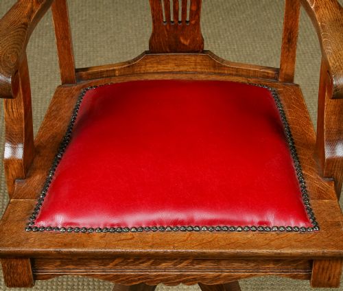 fig 6. Antique English Edwardian Art Nouveau Oak & Red Leather Revolving Office Desk Arm Chair (Circa 1910)
