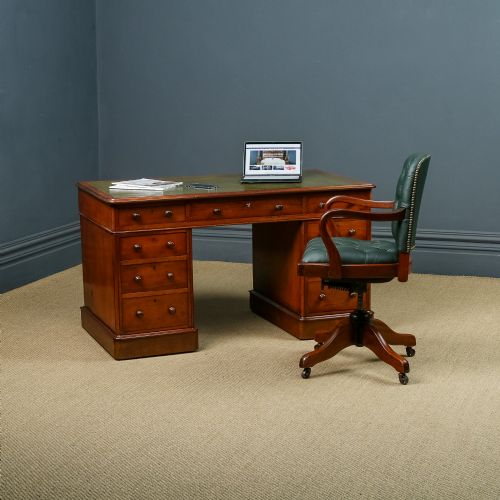 fig 2. Antique English Victorian 4ft 6” Mahogany & Green Leather Pedestal Office Writing Desk (Circa 1860)