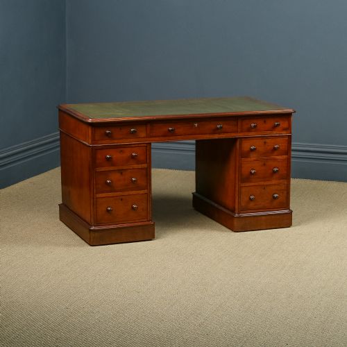 fig 1. Antique English Victorian 4ft 6” Mahogany & Green Leather Pedestal Office Writing Desk (Circa 1860)