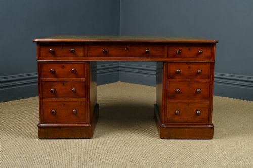 fig 3. Antique English Victorian 4ft 6” Mahogany & Green Leather Pedestal Office Writing Desk (Circa 1860)
