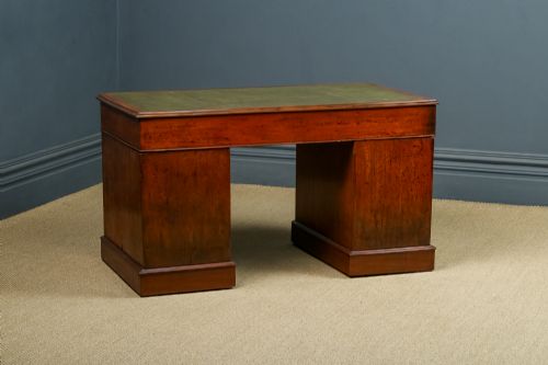 fig 4. Antique English Victorian 4ft 6” Mahogany & Green Leather Pedestal Office Writing Desk (Circa 1860)